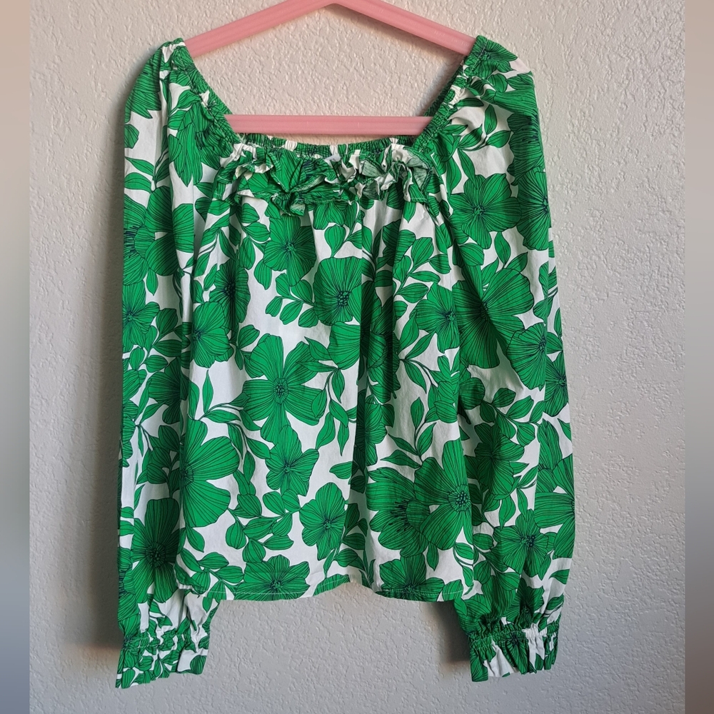 Crewcuts Girls Green White Floral Print Longsleeve Blouse Size Large